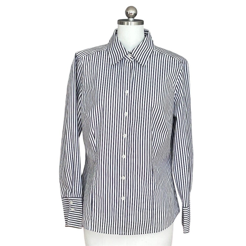 Ann Taylor Button-Down Shirt Womens Size 12 Navy & White Striped Long